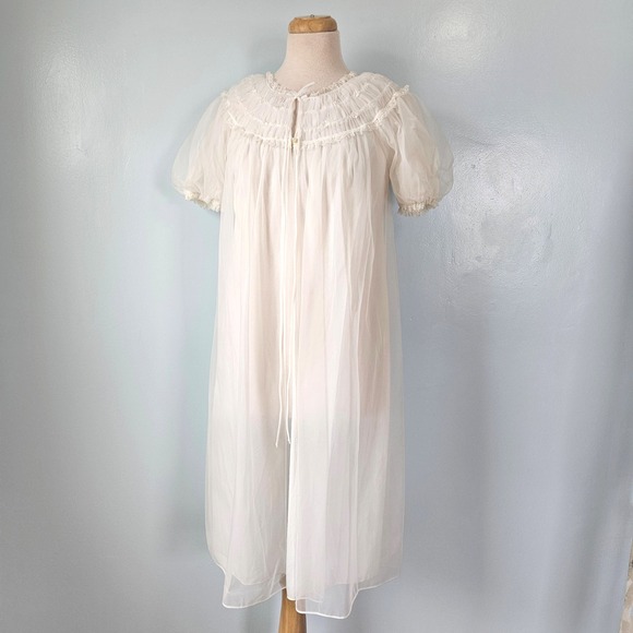 Gotham Gold Stripe Other - Vintage Gotham Gold Stripe White Nylon Sheer Lace Peignoir S Puff Sleeve Bridal